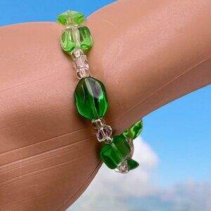Handmade Green Beaded Stretch Bracelet Clear Bead Accents